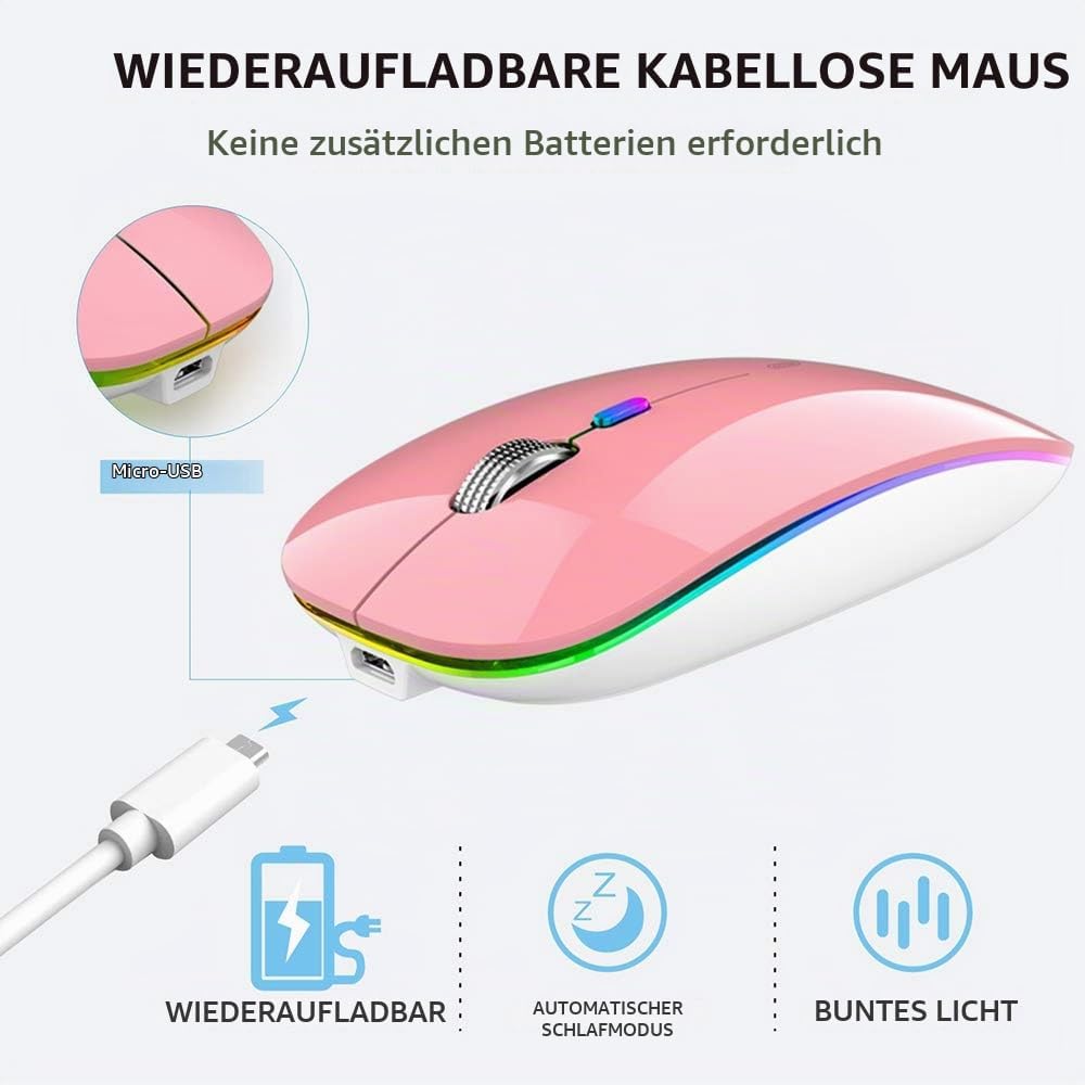 Uiosmuph G12 Maus Kabellos, LED 2.4G Leise Funkmaus Wiederaufladbar Wireless Mousemit Nano USB Empfä