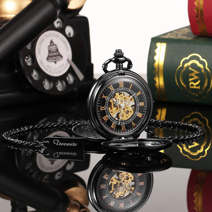 TREEWETO Unisex Retro Taschenuhr Herren mit Kette analog Handaufzug Drache Phönix Skelett Römische S