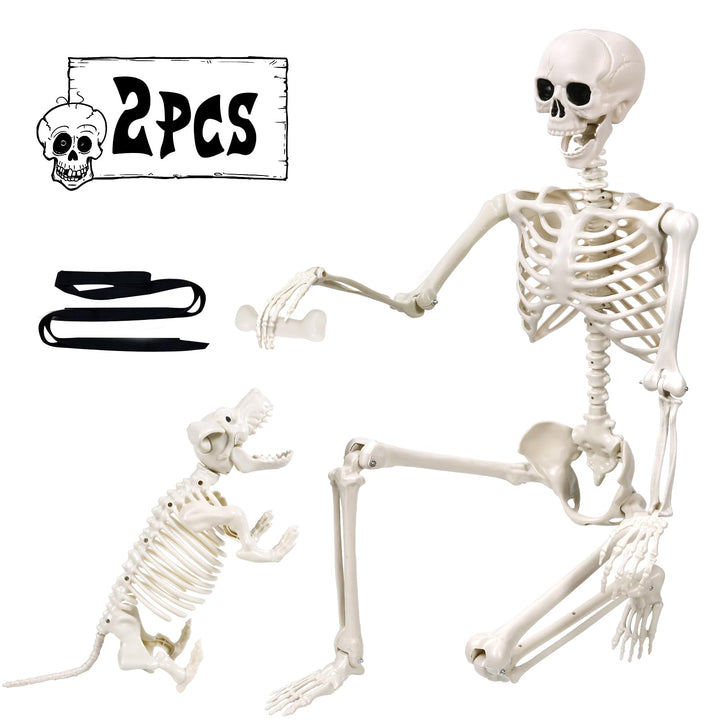 DIYDEC 165cm Halloween Bewegliches Skelett mit Hund, Ganzkörper Hunde Skelett Lebensgrosses Skelett
