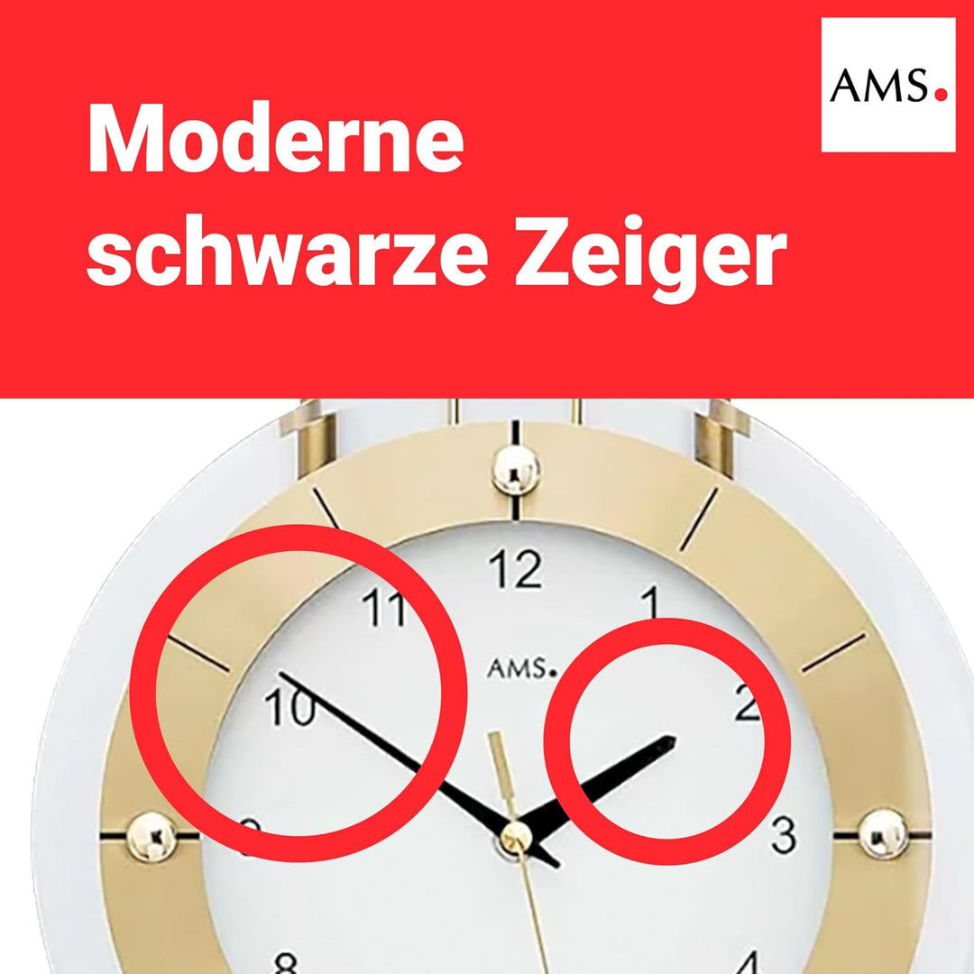 AMS Funkwanduhr 5257 mit glänzendem, messingfarbenem Pendel elegante Funk Pendeluhr Design Wanduhr
