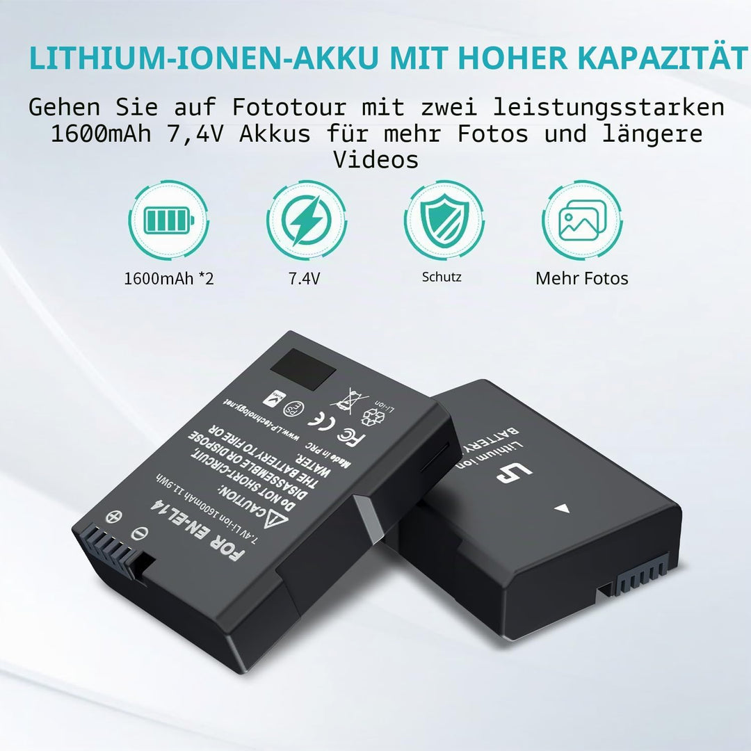 LP EN-EL14 Akku 2 Pack EN EL14a Ersatzakku kompatibel zu D3500, D5600, D3300, D5100, D5500, D3100, D