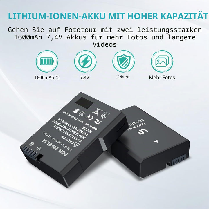 LP EN-EL14 Akku 2 Pack EN EL14a Ersatzakku kompatibel zu D3500, D5600, D3300, D5100, D5500, D3100, D