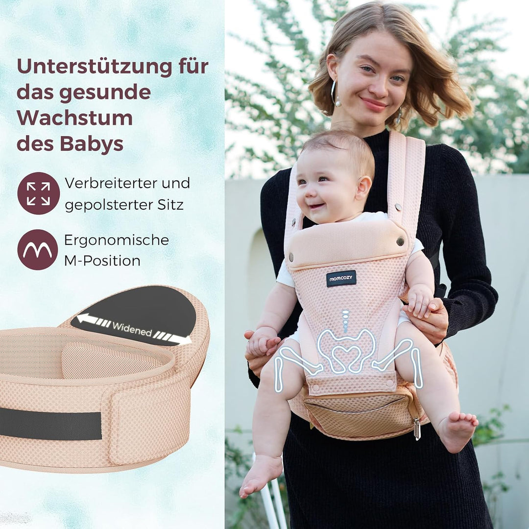 Momcozy Babytrage mit Hüftkissen, 2-in-1 Verstellbare &amp; Abnehmbare Babytrage bis 20kg Rosa