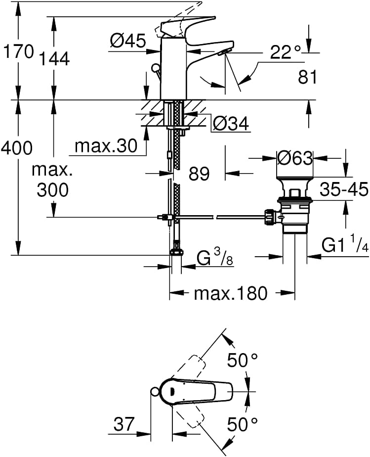 Grohe Bauflow Waschtischarmatur, S-Size, mit Zugstange, 23751000 S-Size Mit Zugstange Single, S-Size