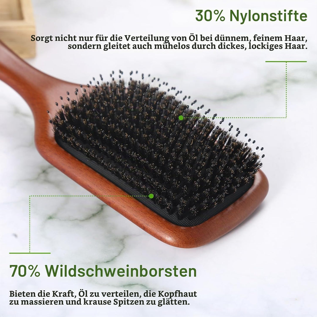BESTOOL Haarbürste, Wildschweinborsten Bürste mit Nylonstiften für Damen Herren Kinder, Grosse Paddl