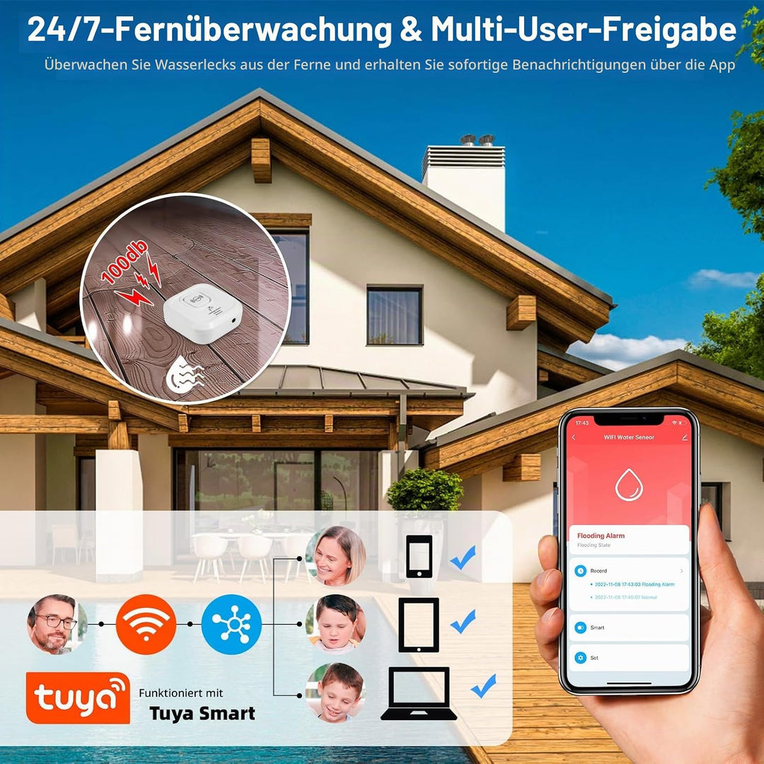 Wassermelder WLAN 100 dB Lauter Wassersensor mit Smart Life App Fernbedienung - Wasseralarm für Küch