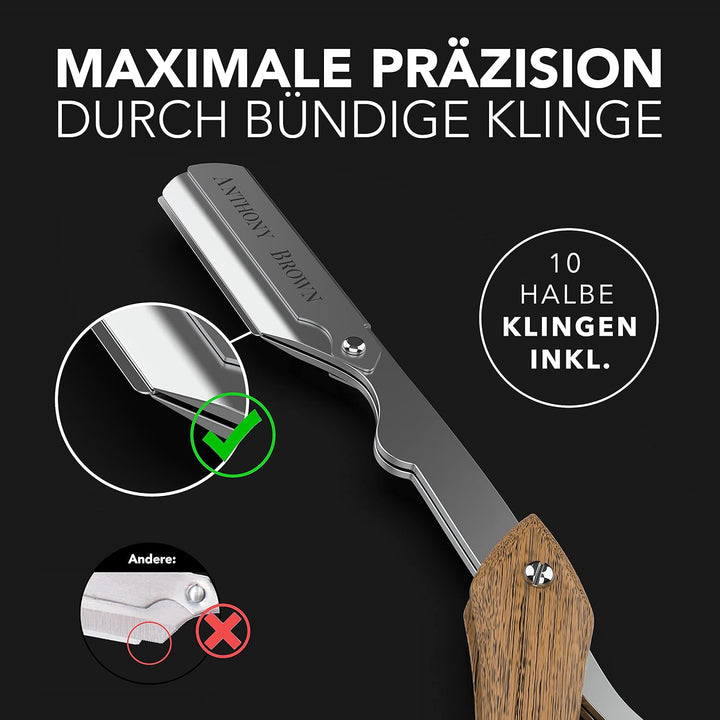 Anthony Brown® Rasiermesser Holz in Schwarz oder Silber - einzigartiger Klingenkopf für mehr Präzisi