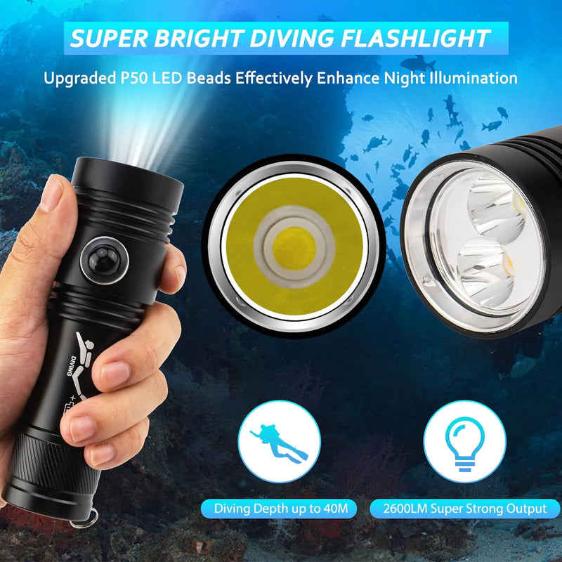 Kriogor 2600Lumen Tauchen Taschenlampe, Unterwasser Submarine Licht mit 2 Modi, IPX7 Wasserdicht LED