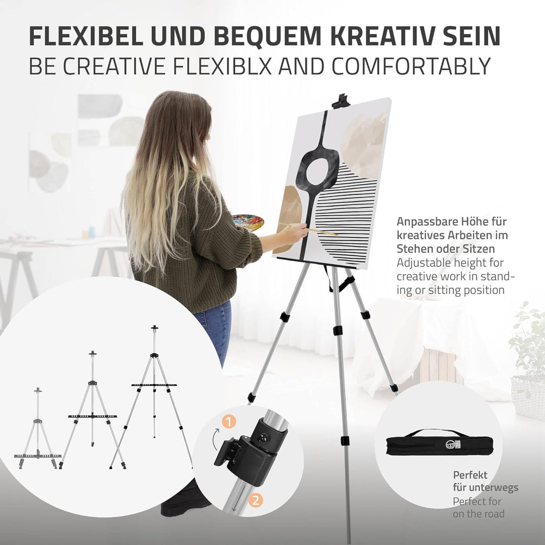ECD Germany Staffelei, Atelierstaffelei aus Aluminium, Silber, Höhenverstellbar von 50-156 cm, Stabi