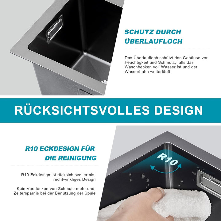 Spüle Schwarz 25 x 45cm Klein Spülbecken aus Edelstahl 304 1 Becken Edelstahlspüle ohne Hahnloch mit