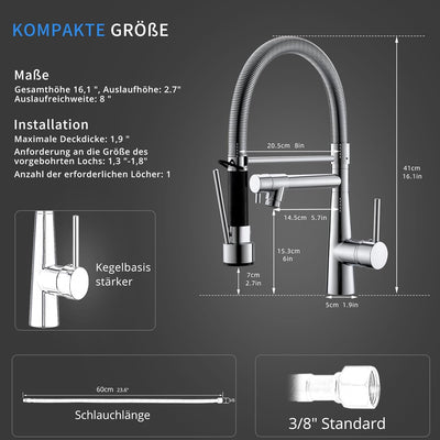 TIMACO Wasserhahn Küche Chrom mit Schloss Brause Ausziehbar - 360° Schwenkbare- Pull-Down-Spray - Ho