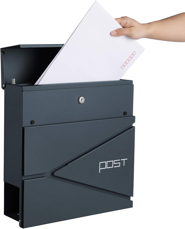SONGMICS Briefkasten, Wandmontage, mit Zeitungshalter, Schlüssel, modernes Design, Grau Anthrazit GM