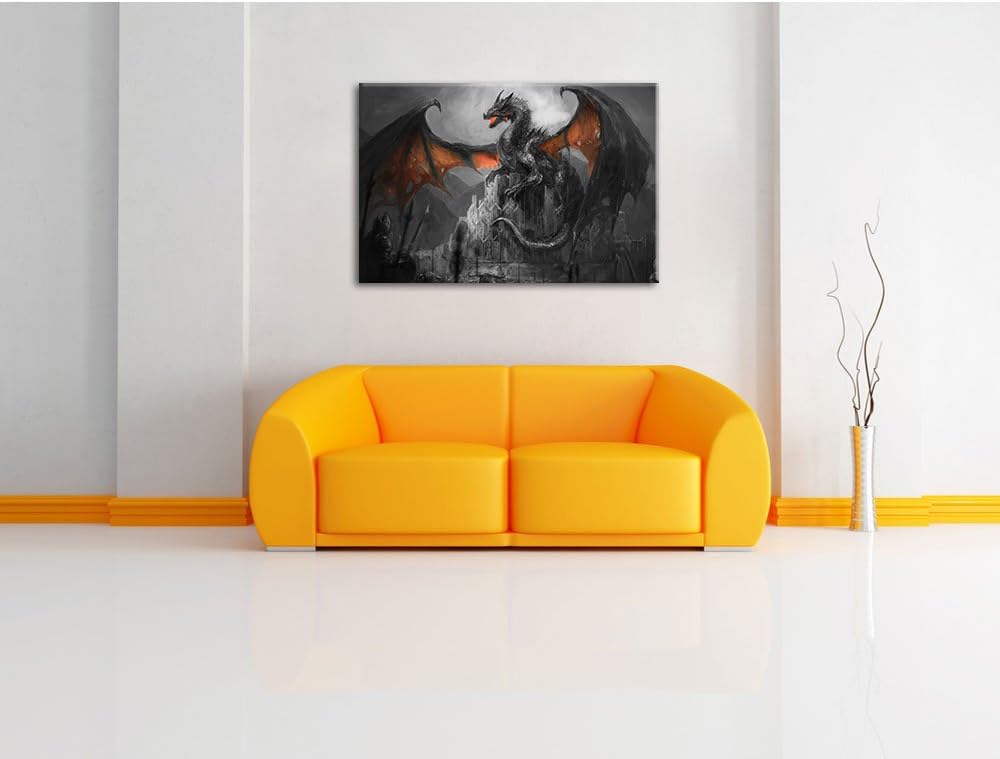 Pixxprint Drache schützend über Burg Schwarz/Weiss, Format: 100x70 auf Leinwand, 100x70