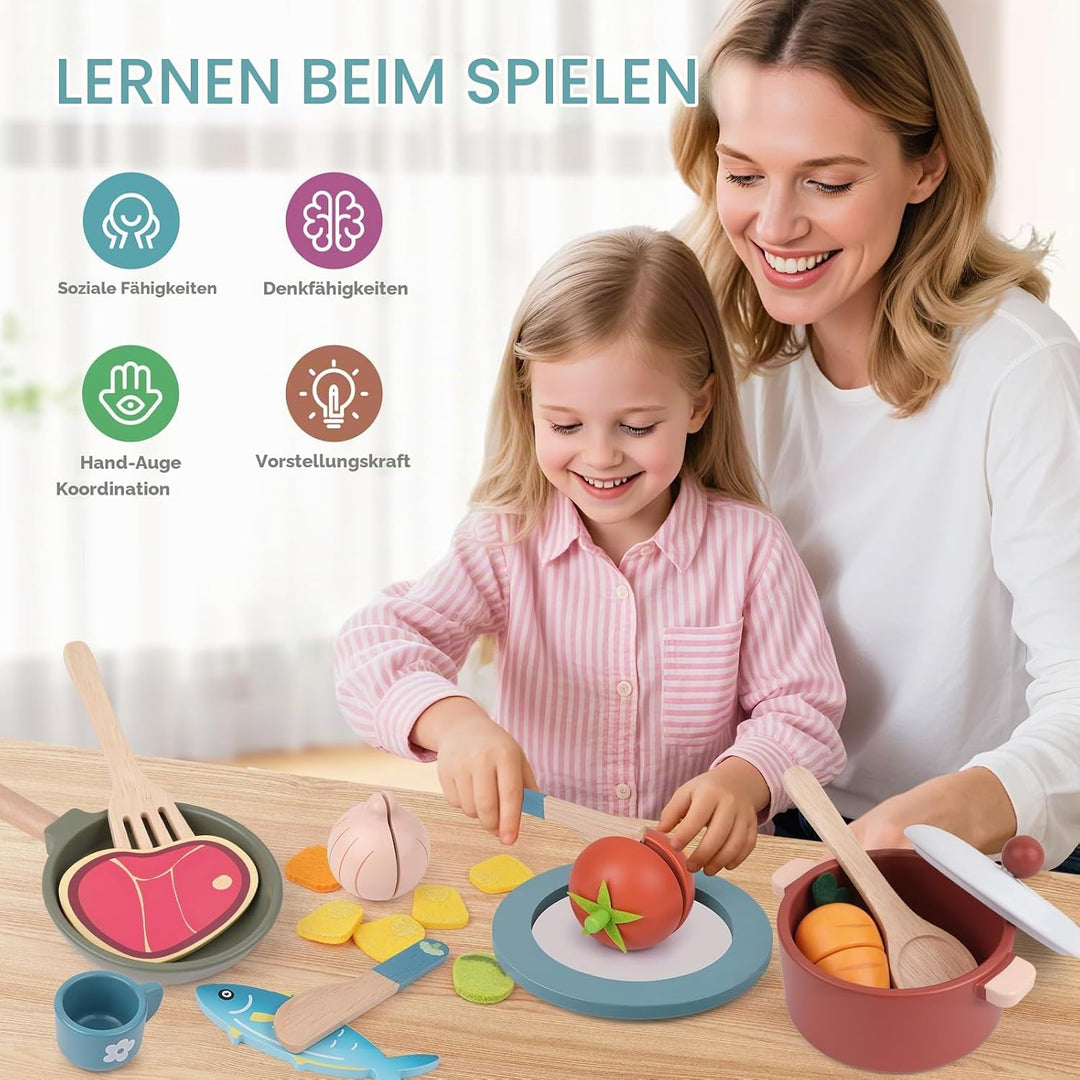 Kinderküche Zubehör aus Holz - Spielküche Zubehör, Spielzeug ab 3 Jahre, Holzspielzeug mit Töpfe &amp; K
