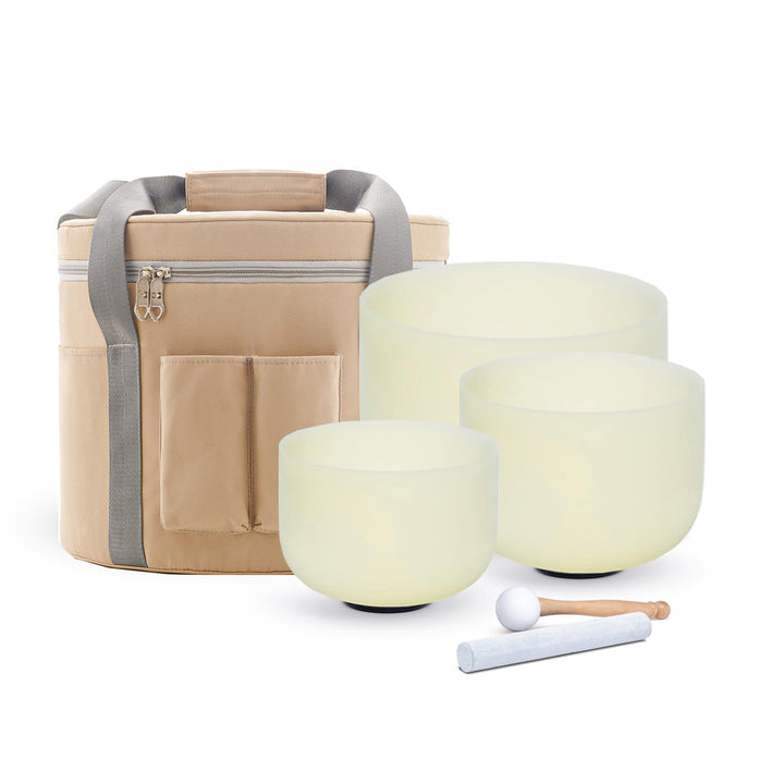 Hye-eun 3er Set Kristall-Klangschalen 8“G 10”E 12“C 432Hz Lemon Gelb, handgefertigt aus 99.99% Quarz