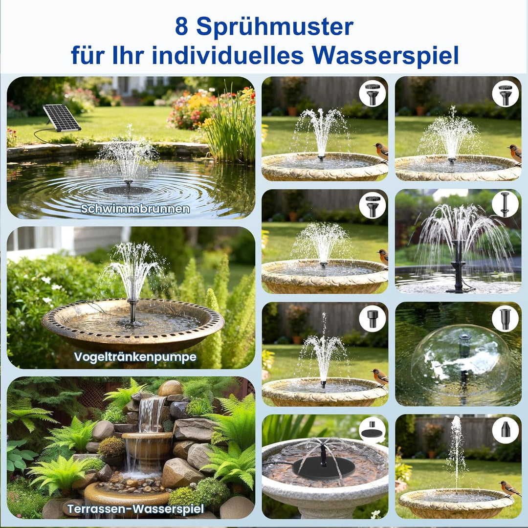 Biling 6W Solar Springbrunnen für aussen mit Akku, 10 Fontänenstilen und mit 3000 mAh Batterie Solar