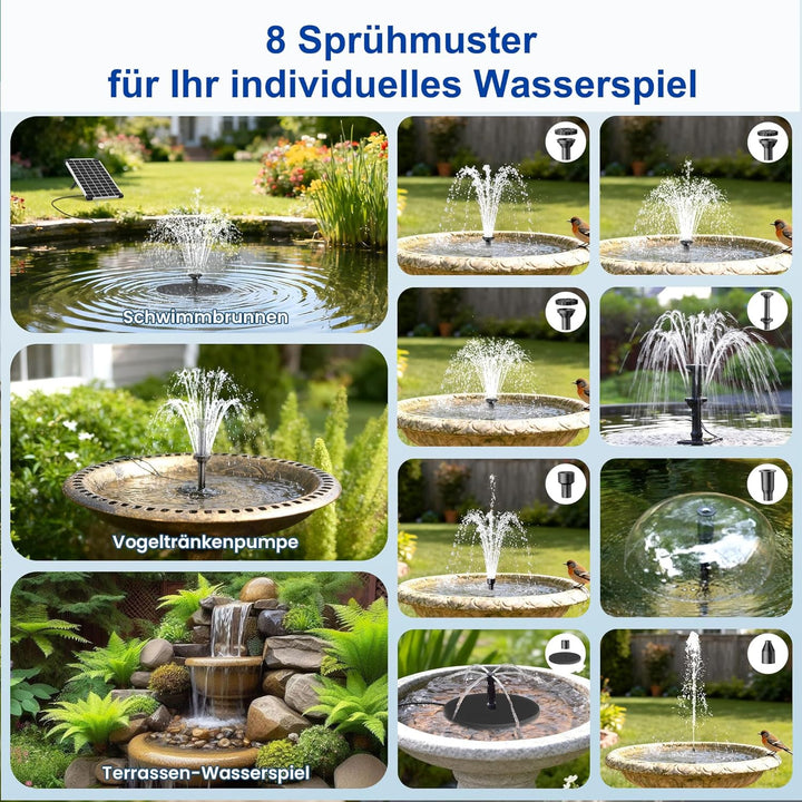 Biling 6W Solar Springbrunnen für aussen mit Akku, 10 Fontänenstilen und mit 3000 mAh Batterie Solar