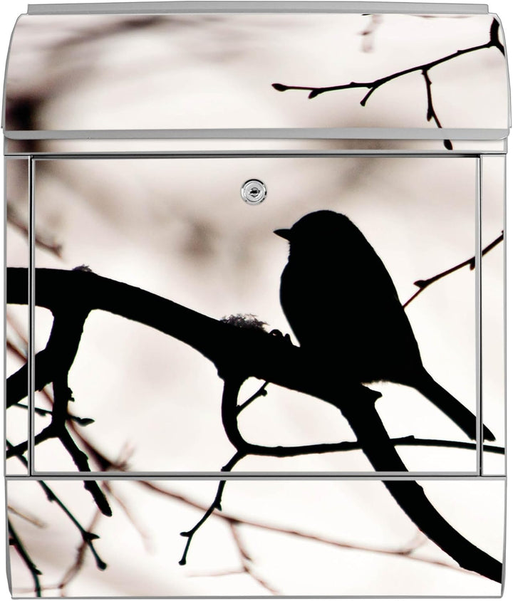 banjado® Design Briefkasten mit Motiv Früher Vogel 39x47x14cm &amp; 2 Schlüssel - Briefkasten Stahl Silb