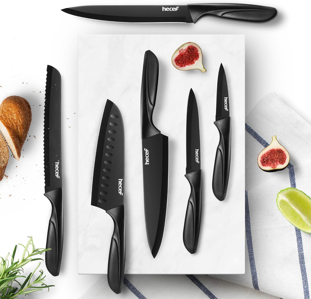 hecef Messerset Schwarz, Küchenmesser Set mit Antihaftbeschichtung, ergonomischer Griff, spülmaschin