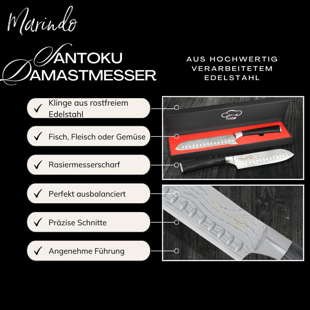 Marindo® Santoku Messer Edelstahl 17,8 cm Klinge | japanisches Küchenmesser mit Damastmesser Optik &