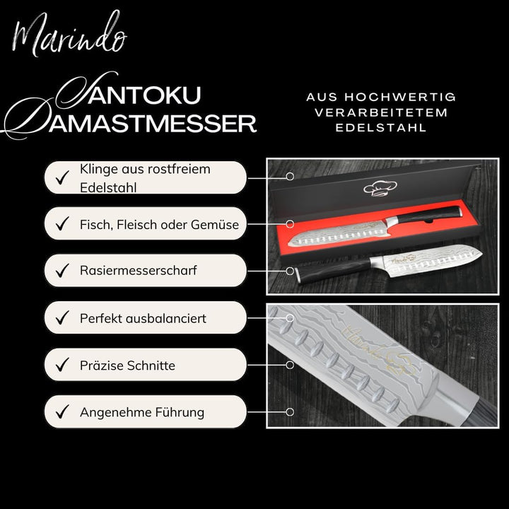 Marindo® Santoku Messer Edelstahl 17,8 cm Klinge | japanisches Küchenmesser mit Damastmesser Optik &