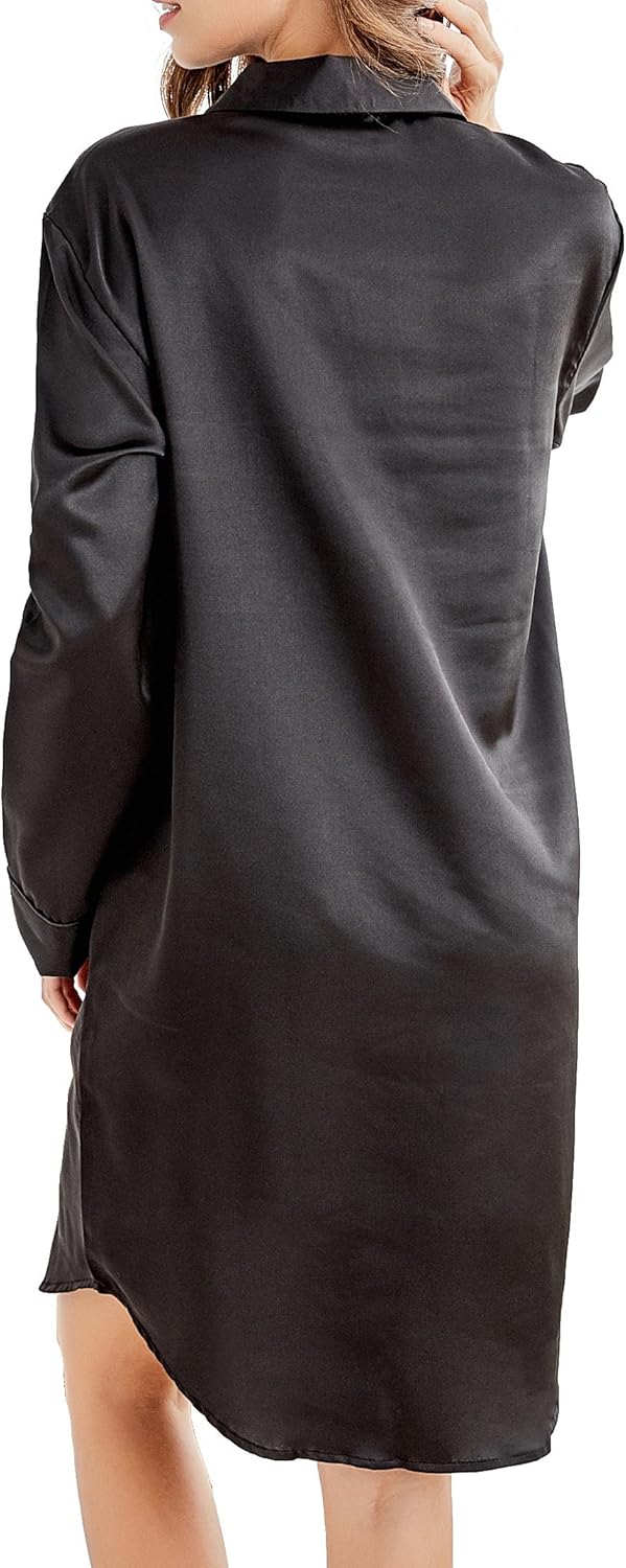 Nachthemd Damen, Satin Nachtkleid Langarm Nachtwäsche mit Knopfleiste Schlafhemd Freizeitkleidung Sc