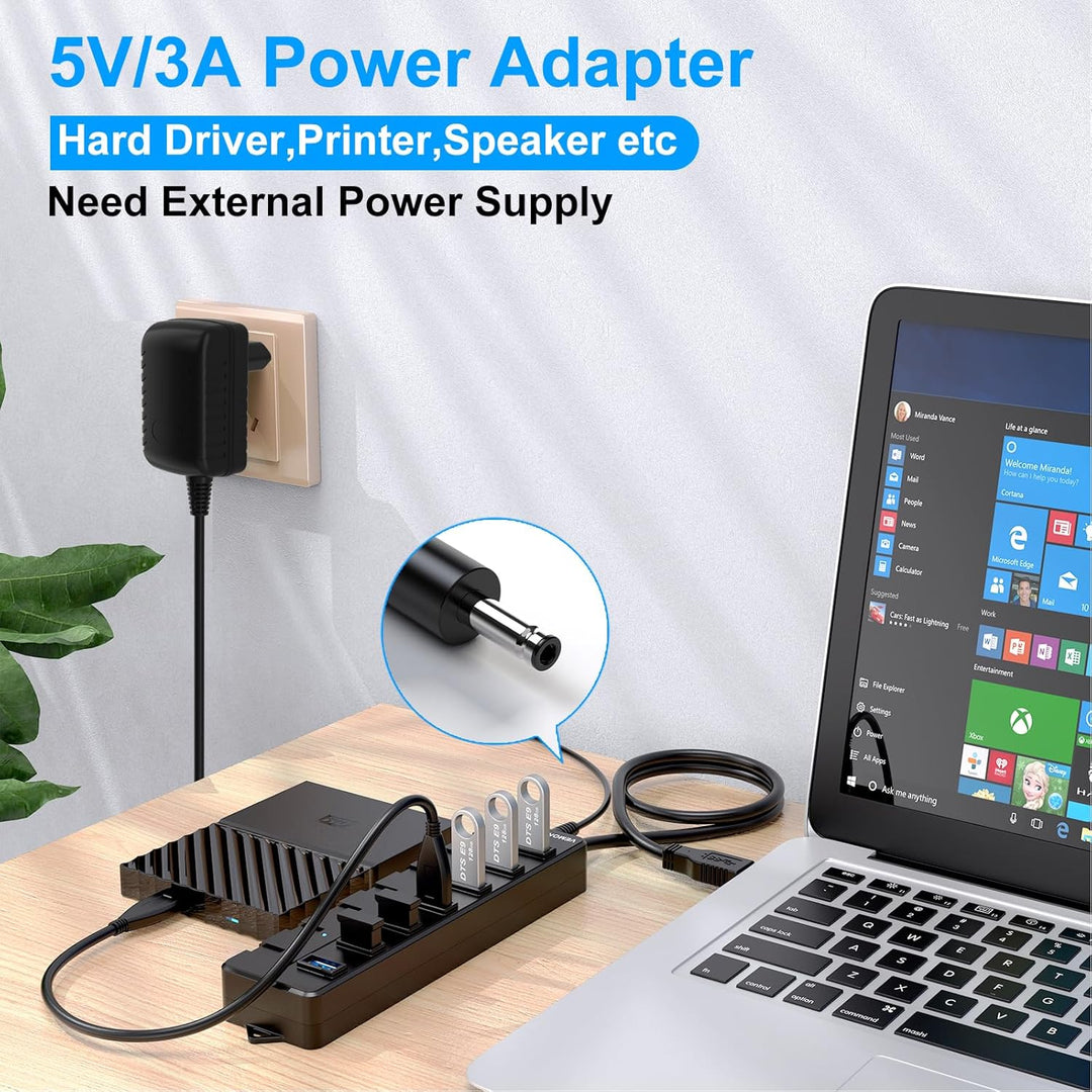 USB 3.0 Hub mit Netzteil,VEMONT 7 Ports USB Hub Aktiv USB Verteiler 5Gbps und Einzelne EIN/Aus-Schal