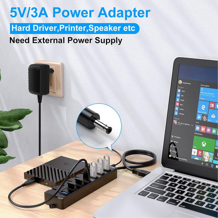 USB 3.0 Hub mit Netzteil,VEMONT 7 Ports USB Hub Aktiv USB Verteiler 5Gbps und Einzelne EIN/Aus-Schal