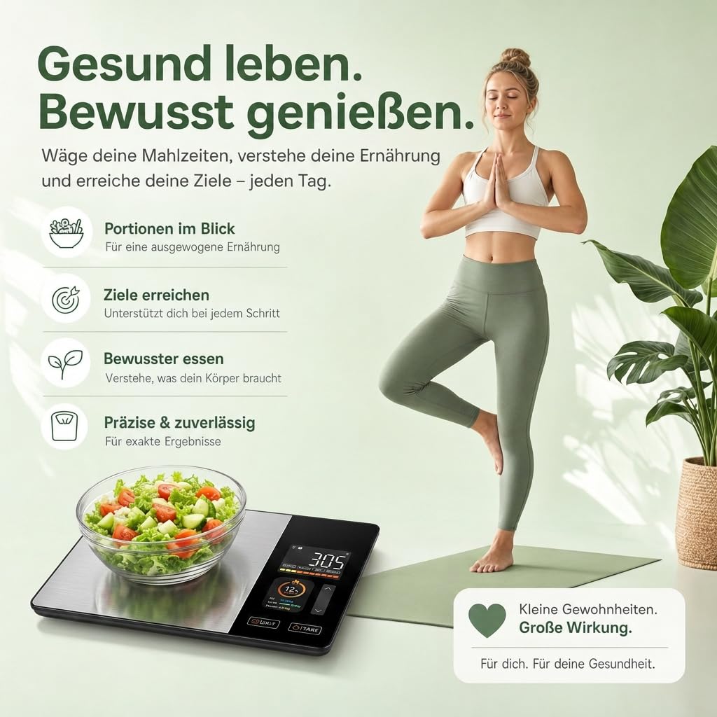 Küchenwaage digital mit Kalorienzähler & Nährwertberechnung | Smart Waage mit Bluetooth, App & TFT D