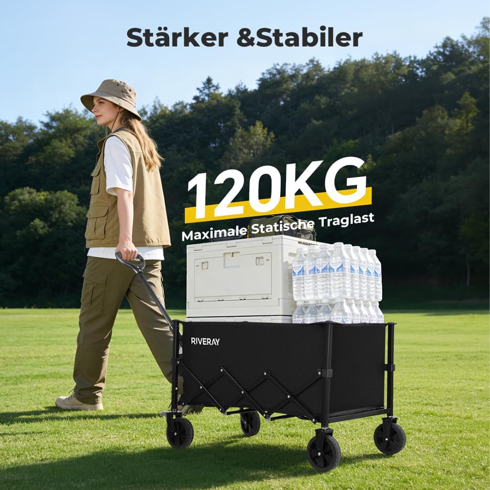 Bollerwagen Faltbar 120L 120KG, Klappbarer Bollerwagen mit Abnehmbarer Stofftasche Verstellbarem Gri