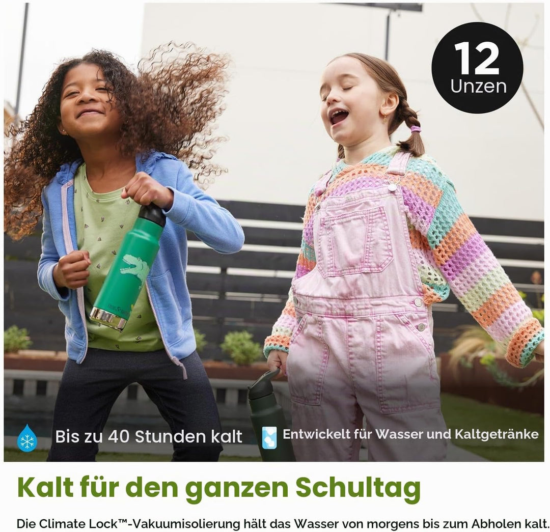 KLEAN KANTEEN Isolierte Kinderflasche, 355ml, mit Flip Sport Cap und Edelstahl-Trinkhalm, Grün/Dino