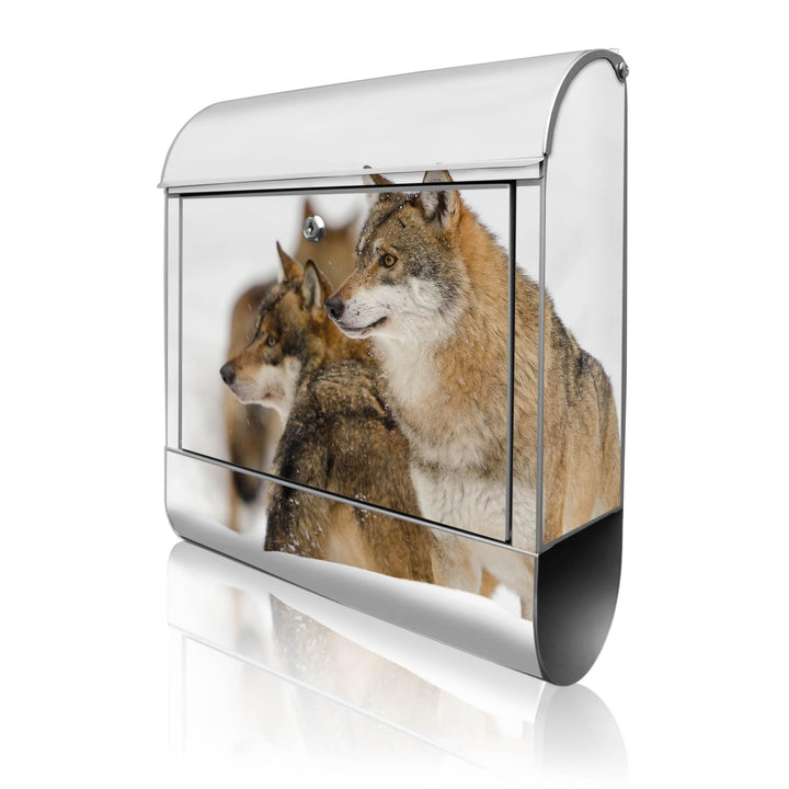 banjado® Design Briefkasten mit Motiv Wölfe 39x47x14cm &amp; 2 Schlüssel - Briefkasten Stahl Silber mit