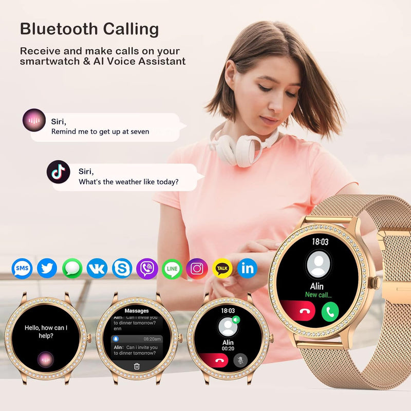 Nendefin Smartwatch Damen mit Telefonfunktion，Smart Watch mit Diamanten Armband，Sprachassistent Fitn