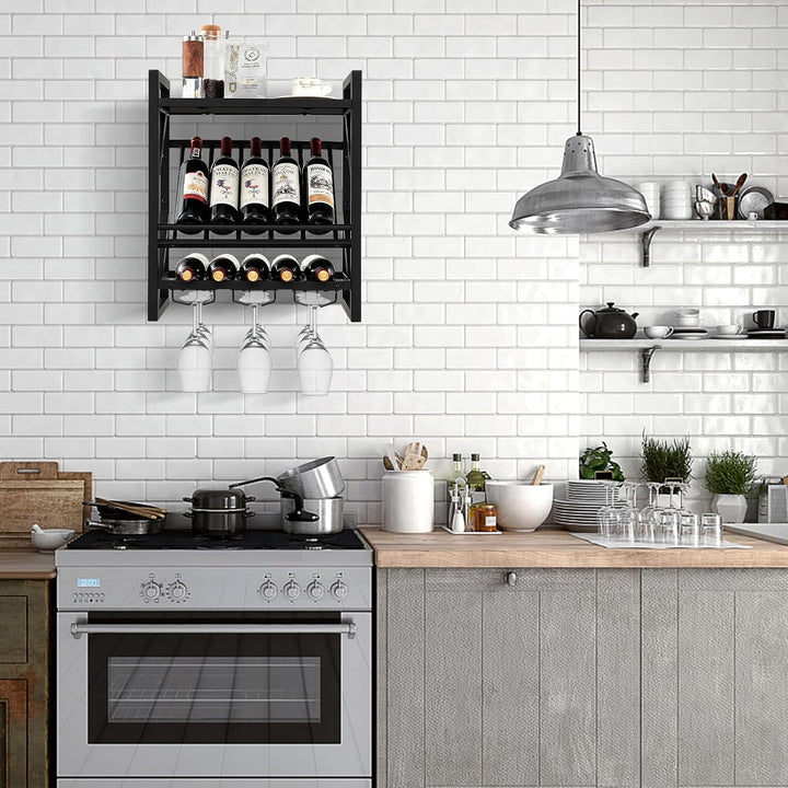 KOMFOTTEU Weinregal Wand, Flaschenregal Holz mit Metallrahmen, dekoratives Wandregal mit Becherhalte