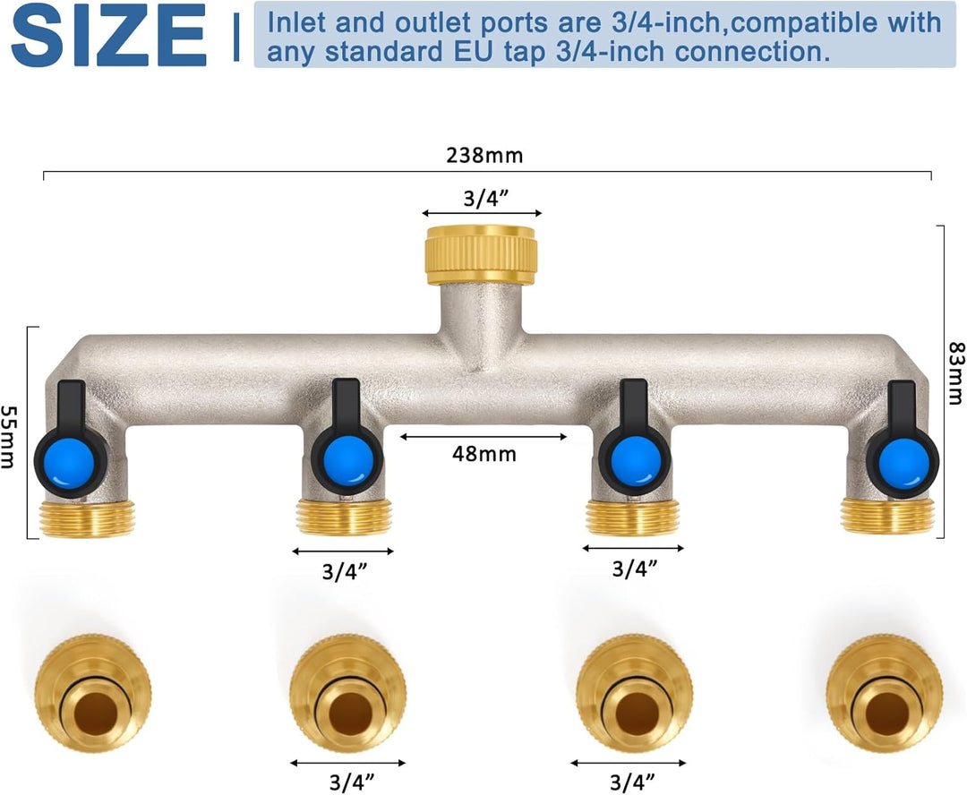 4-Wege Wasserhahn Wasserverteiler aus Messing für 4 Geräte/Gartenschläuche, 4er Verteiler 3/4" Adapt