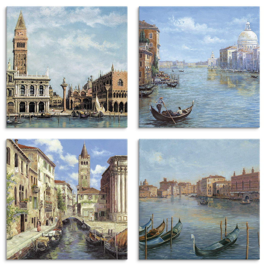 ARTLAND Leinwandbilder auf Holz Wandbild Bild Set 4 teilig je 40x40 cm Italien Venedig Stadt Gebäude