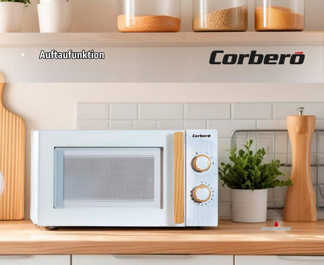 Corberó CMICG270WOODW Mikrowelle, 20 Liter, Weiss, Leistung 700 W, Auftauen, 5 Leistungsstufen, mech