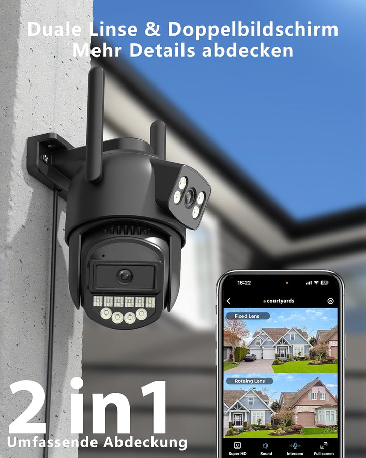 Überwachungskamera Aussen,Mit Dual-Objektiv 6MP,2.4/5Ghz WLAN,Kamera Überwachung Aussen,360° PTZ,Eth