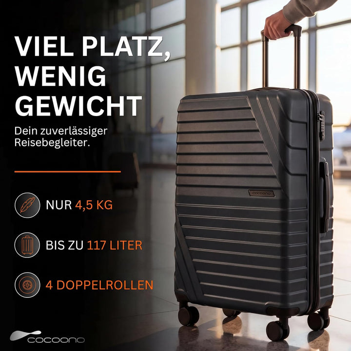 Cocoono Hartschalenkoffer XL Gross - 100L Volumen - 158cm Gurtmass - 8 Rollen 360° drehbar - Leichte