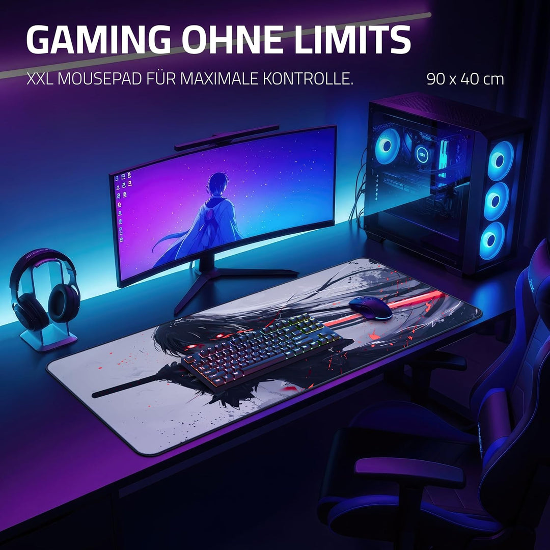 XXL Gaming Mauspad 900x400 - Vernähte Kanten & wasserabweisend - Anime Mousepad für Gamer & Büro - g