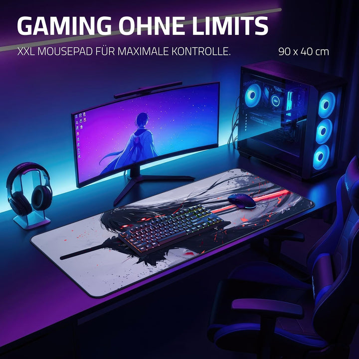 XXL Gaming Mauspad 900x400 - Vernähte Kanten & wasserabweisend - Anime Mousepad für Gamer & Büro - g