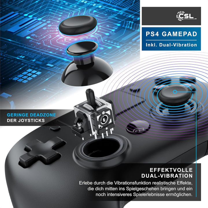 CSL - Wireless Gamepad für PC und PS4 - PC Anschluss - Wireless Controller - Dual Vibration - Headse