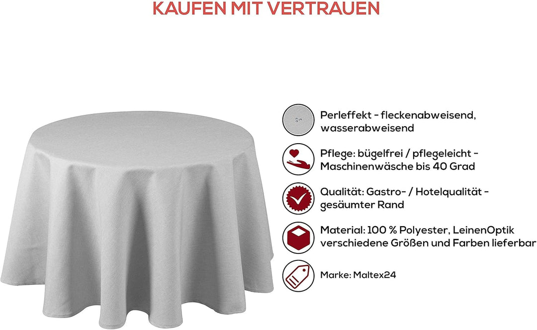 Textil Tischdecke - Leinen Optik - wasserabweisend Rund (Silbergrau, 140 cm) Silbergrau 140 cm, Silb
