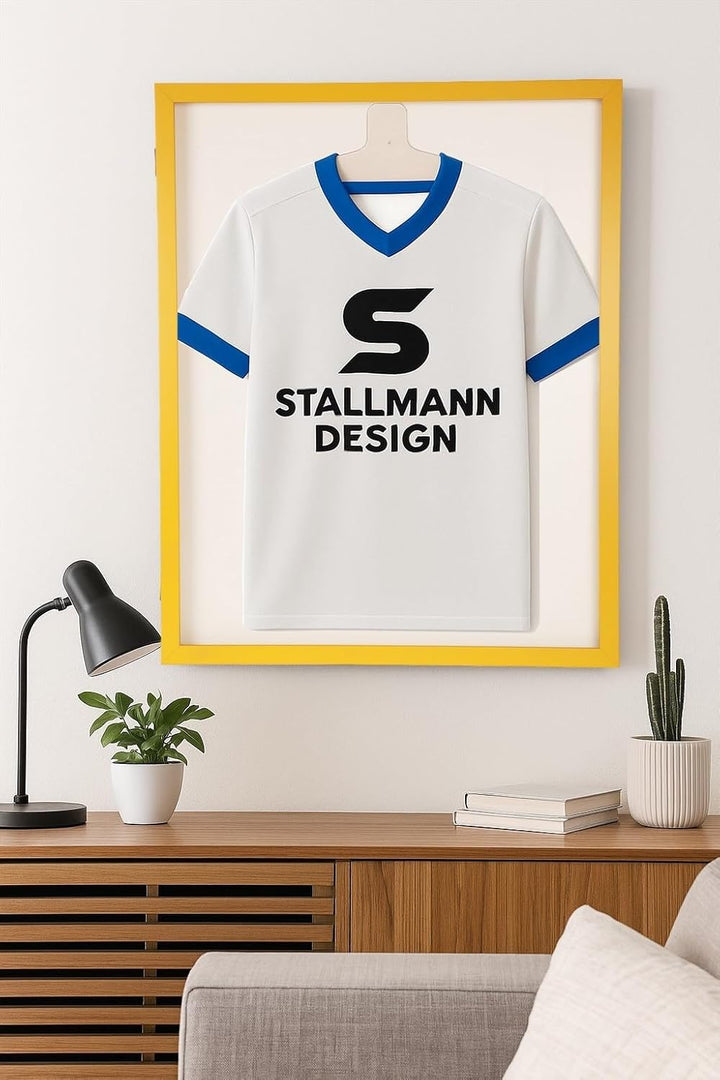 Trikotrahmen mit Drehtür – 'Gelb-Blau' - Rückwand Weiss | Grösse: 90x70cm - von vorne bestückbar - s