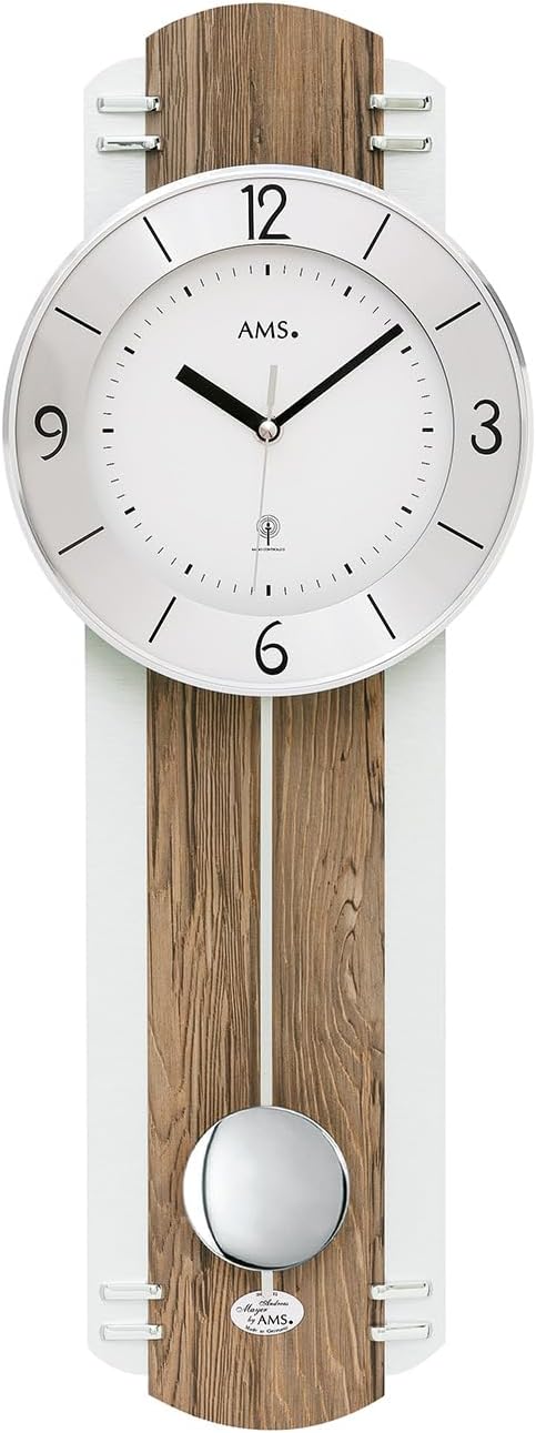 AMS. Pendeluhr 5292, Funk, Holzgehäuse mit Nussbaumdekor und Aluminium-Auflage, Mine­ralglas
