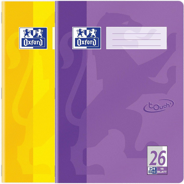 Oxford Schulheft A4, Touch, 16 Blatt, Lin. 26, kariert, gelb & flieder, 15 Stück