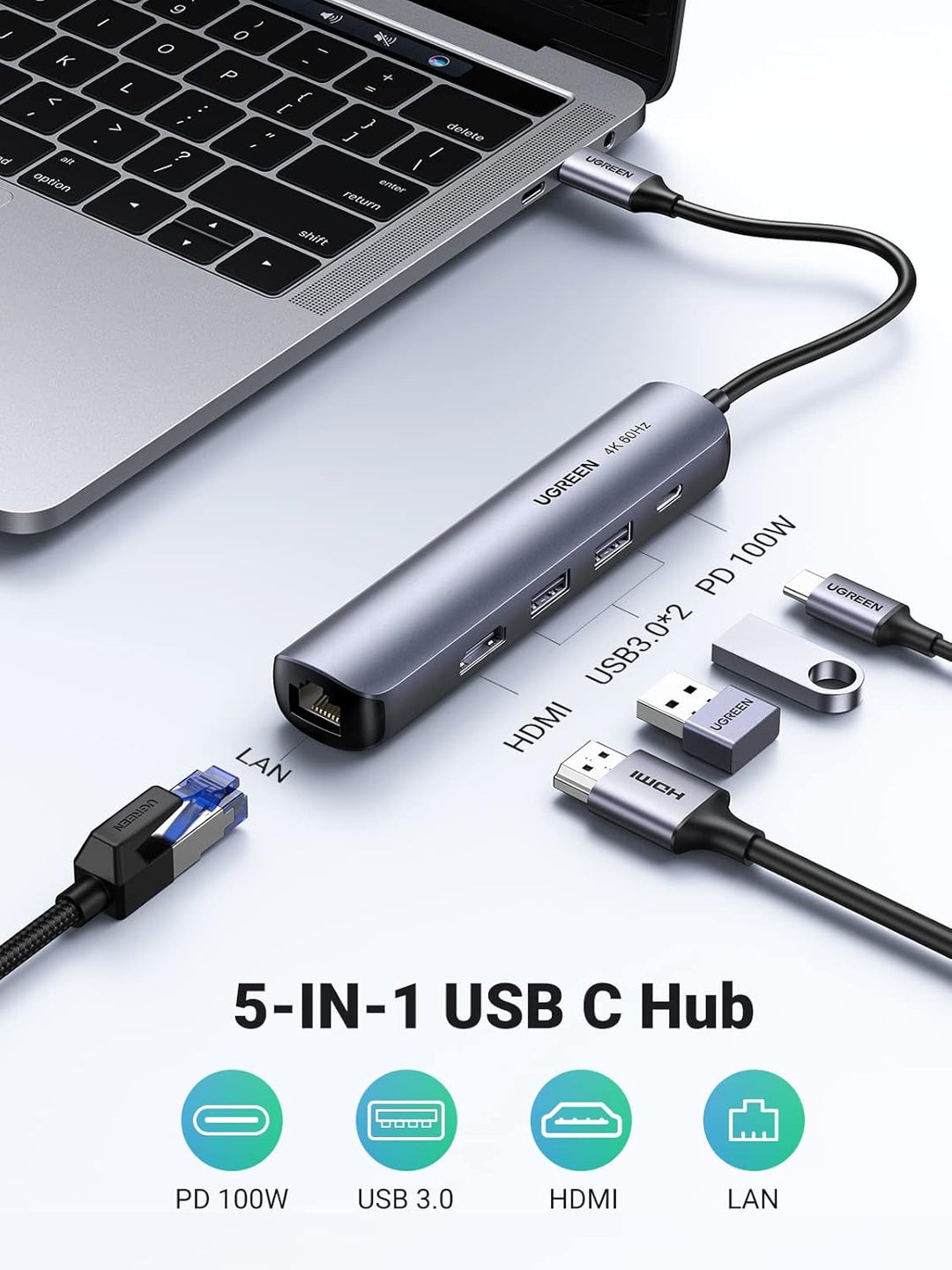 UGREEN USB C Hub Ethernet HDMI USB C Dock mit 100W PD, 4K HDMI, RJ45, 2 USB 3.0 USB C Adapter kompat
