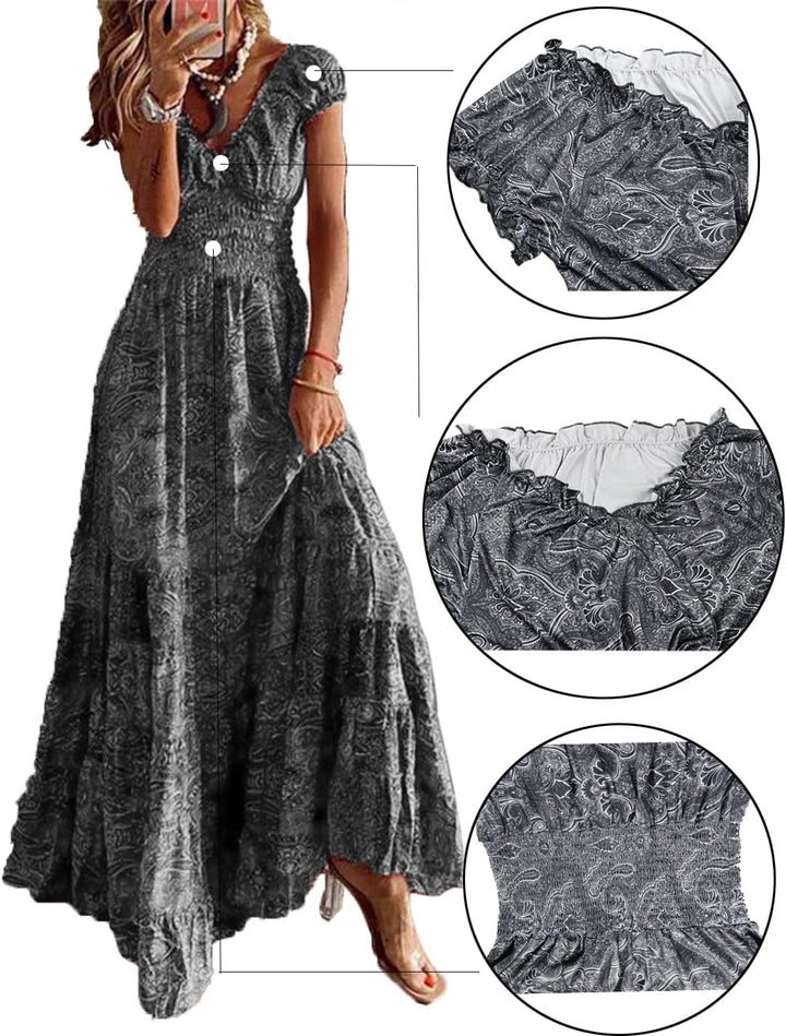 ABYOVRT Sommer Kleider Damen Sommerkleid Boho Lang Kleider Böhmisch Blumen Strandkleid V-Ausschnitt