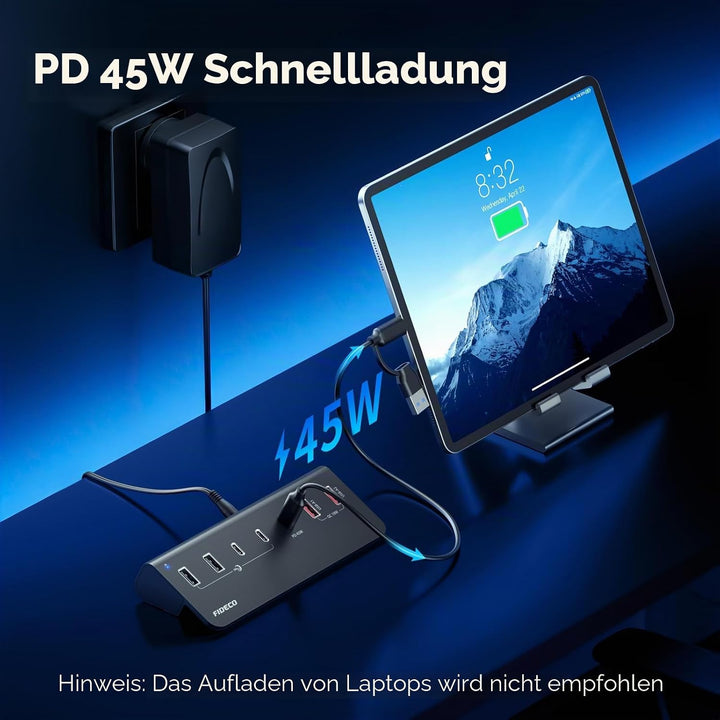 FIDECO 7-Ports 72W USB Hub mit Netzteil, USB Hub Aktiv mit 1 PD 45W, 2 QC 3.0 Charging Port und 4 US
