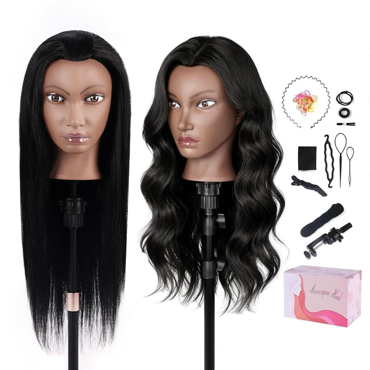 Friseur Übungskopf 100% Echthaar, 66 cm / 26 Zoll Mannequin Kopf mit Haaren, Friseurkopf Trainingsko